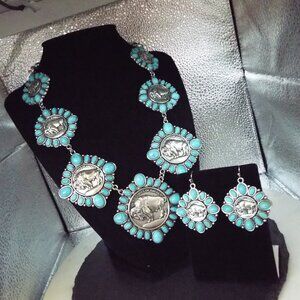 GRADUATED FAUX BUFFALO NICKELS & FAUX TURQUOISE HUGE STATEMENT NECKLACE SET D1
